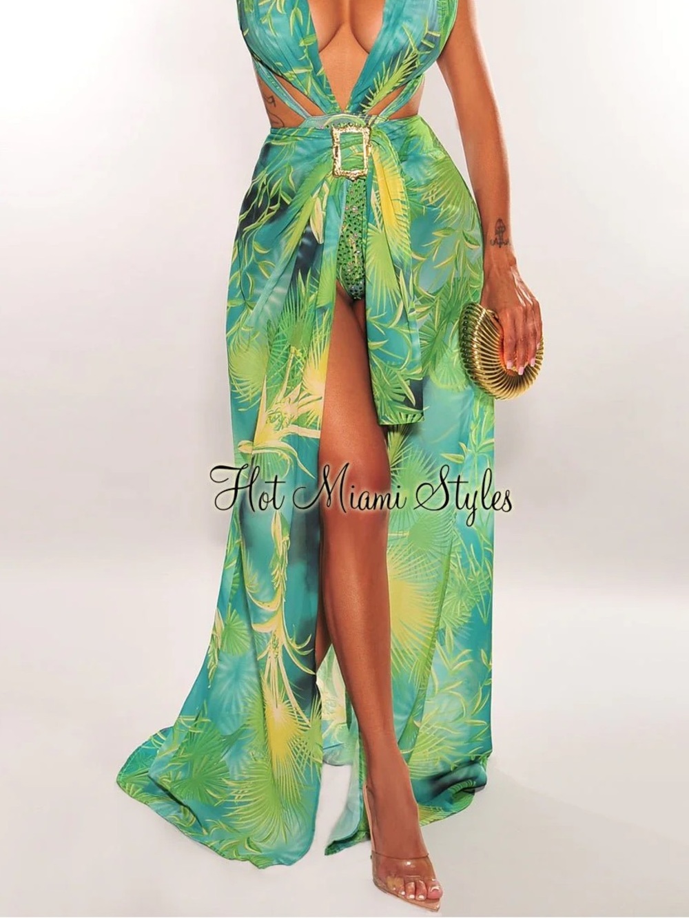 BANJUL Tropical Palm Print High-Low Sarong Maxi Cover-Up Off-Campus JLo 📐S